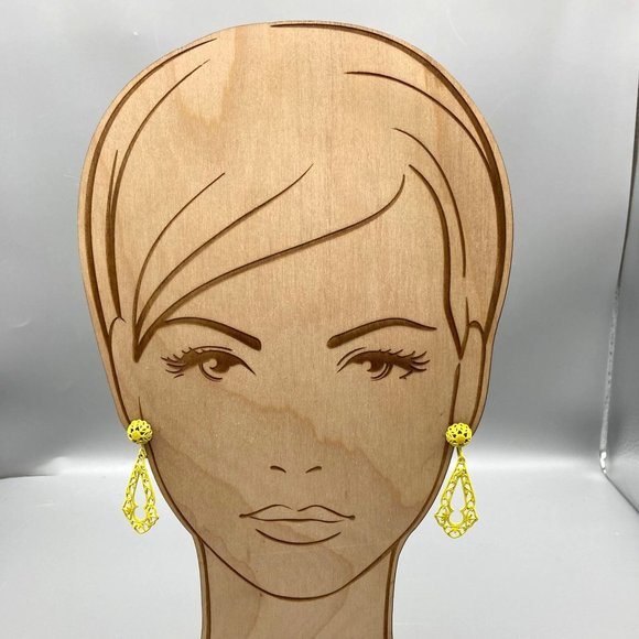 Summer Spritz Filigree Dangle Earrings, Vintage Bright Yellow Enamel Drop Clip - Picture 3 of 5